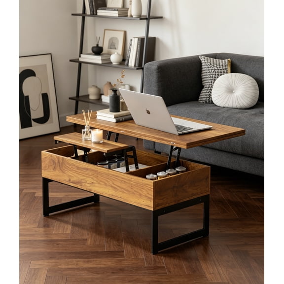 40" Multi-Functional Lift-Top Coffee Table, 4-in-1 Convertible to Dining Table with Hidden Storage, Farmhouse Style Center Table for Living Room, Home Office & Small Spaces, Brown