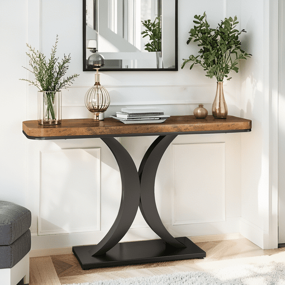 40" Narrow Console Table, Modern Industrial Entryway Foyer Table with Geometric Metal Base