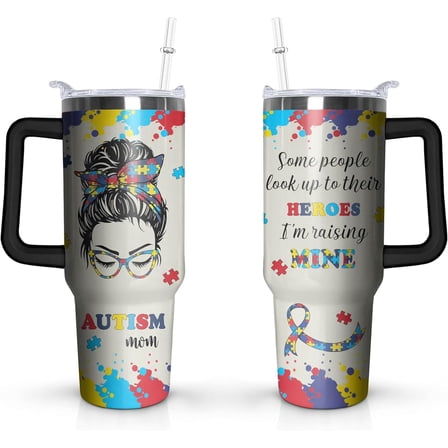 40 OZ Autism Mom Cup with Handle and Straw Lid Leak Proof, Stainless Steel Autism Mom Tumbler Gifts Mothers Day, Insulated Autisms Mother Mug Keeps Drinks Hot Cold Ice, Birthday Gift for Women