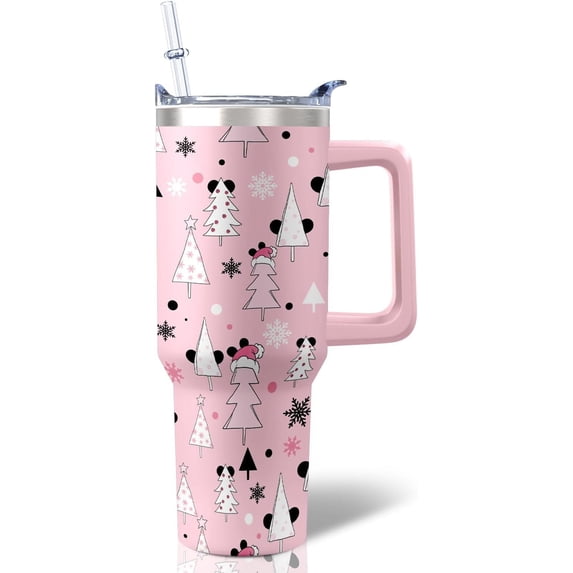 40 OZ Christmas Gift Tumbler with Handle and Straw Pink Christmas Tree Steel Double Walled Vacuum Insulated Cup, Cute Holiday Gifts for Women Girls