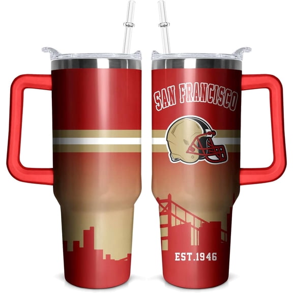 40 OZ Football Tumbler With Handle and Straw - City Travel Mug for Fans - Keeps Drinks Cold & Hot - Gifts for Men W
