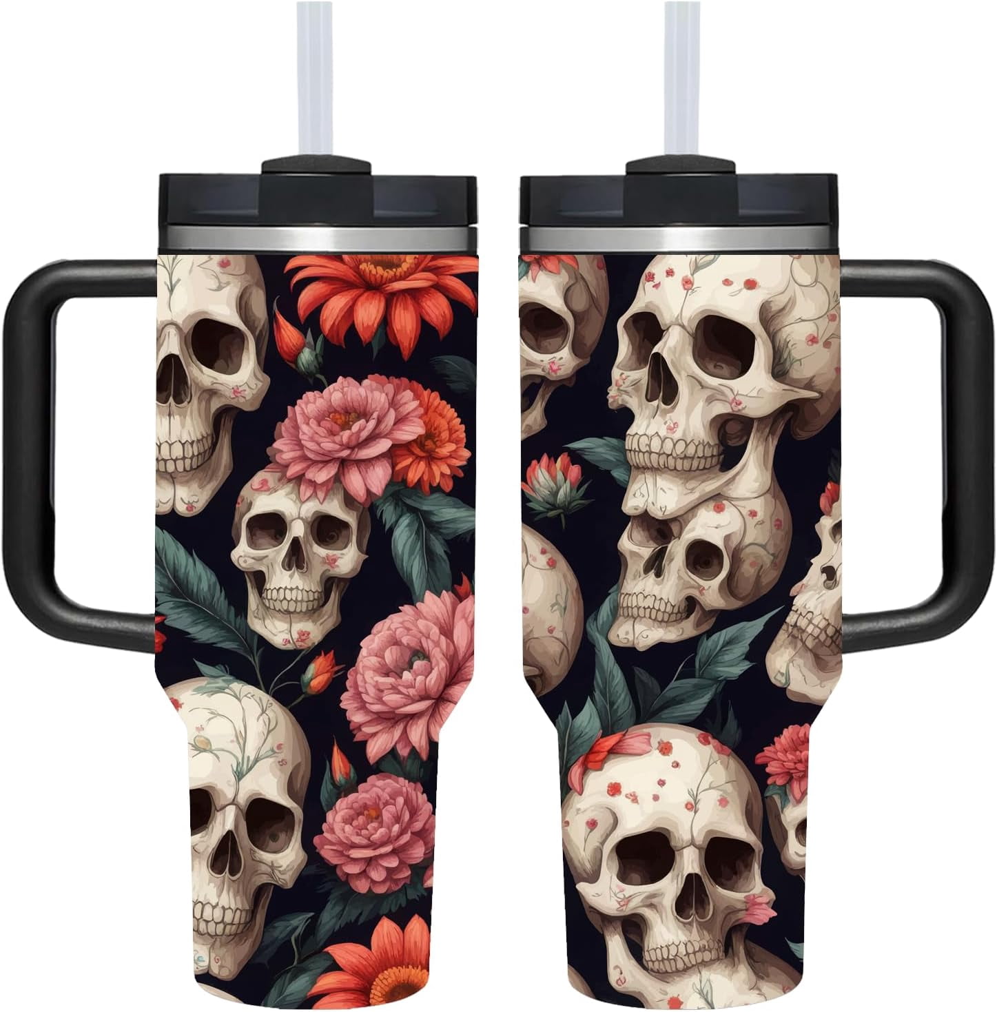 40 OZ Goth Black Skull Tumbler with Handle.Skull Lover Goth Gifts.Unique Birthday Christmas Halloween Gifts.Personalized 40 OZ Goth Black Skull with Flower Tumbler Gifts for Women Men.