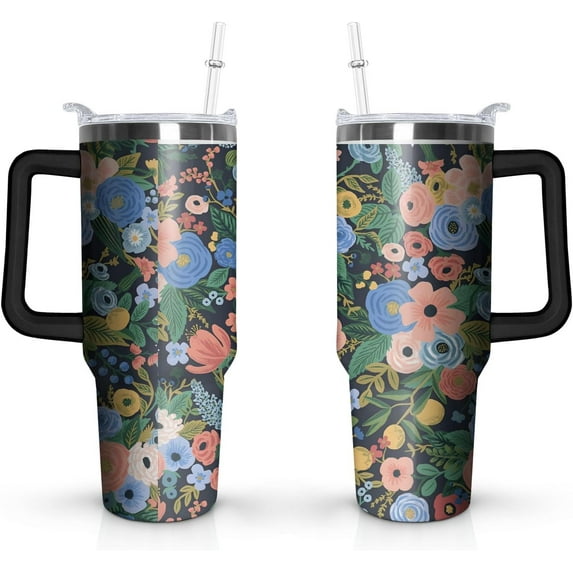40 OZ Tumbler with Handle and Straw Lid Insulated Travel Coffee Mug Cup Reusable Stainless Steel Tumblers for Water, Iced Tea or Coffee, Smoothie and More, Black Flowers