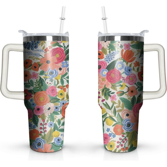 40 OZ Tumbler with Handle and Straw Lid Insulated Travel Coffee Mug Cup Reusable Stainless Steel Tumblers for Water, Iced Tea or Coffee, Smoothie and More, Flowers