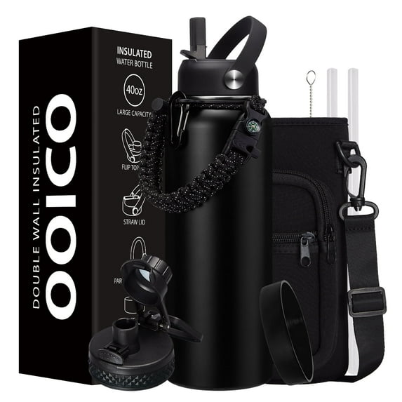40 OZ Water Bottle with Auto Spout Lid & Straw, Insulated Water Bottle Cold for 48H, Stainless Steel Flask with Strap Carrier Holder, Paracord Handle & Jug Boot