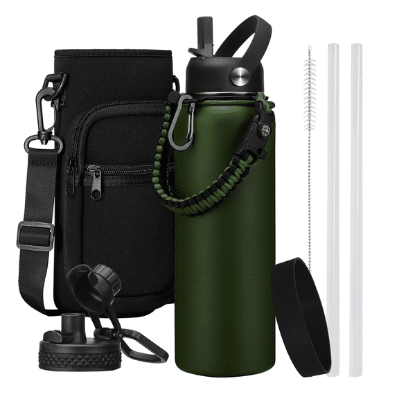 40 OZ Water Bottle with Straw - Auto Spout Lids, Paracord Handle, Carrier Bag, Flask Boot, Wide Mouth Stainless Steel Sports Water Bottles Thermal Water Flask Cold for 48H