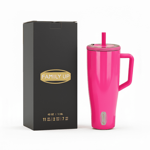 40-Ounce Large-Capacity Stainless Steel Insulated Cup - Rose-Red exudes sophistication. Twist-top water bottle design with leak-proof lid, includes straw and handle. Ideal for office, travel.
