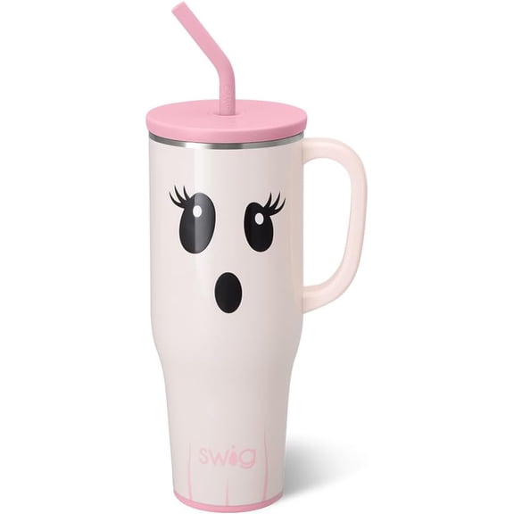 40 Ounce Mega Mug with Handle and Straw Extra Large Insulated Tumbler Cup Holder Friendly Travel Mug Boo Crew Ghost