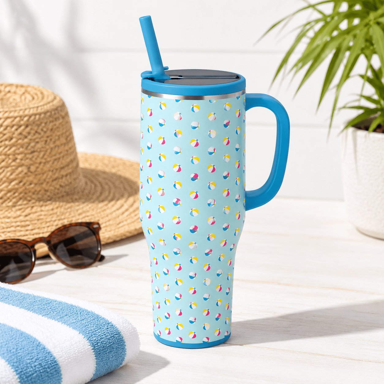 40 Ounces Beach Balls Leakproof Insulated Tumbler with Handle and Straw ...