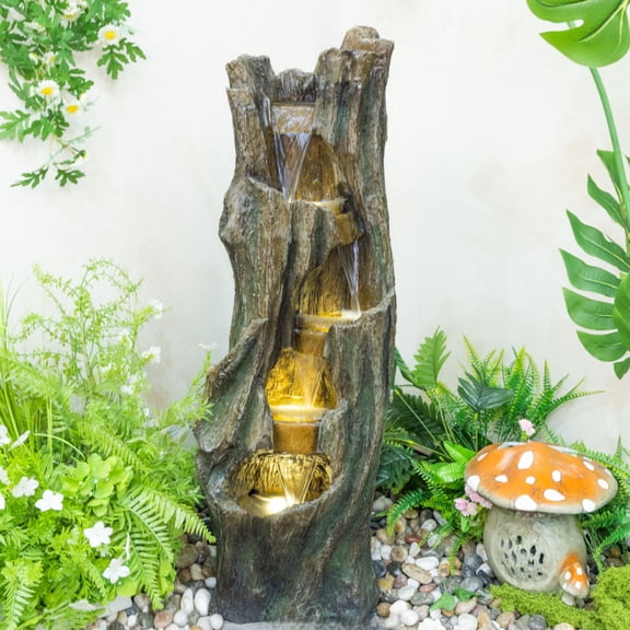 40" Outdoor Tree Trunk Waterfall Fountain with Warm LED Lights, 5-Tier Cascading Resin Water Feature for Garden, Patio and Backyard Decor