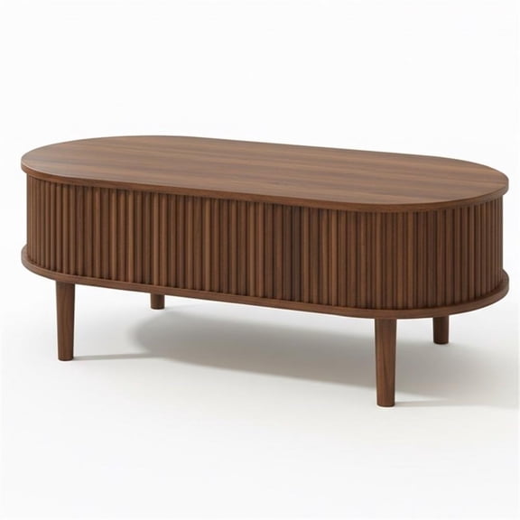 40" Oval Brown Engineered Wood Fluted Lift Top Coffee Table with Hidden Storage