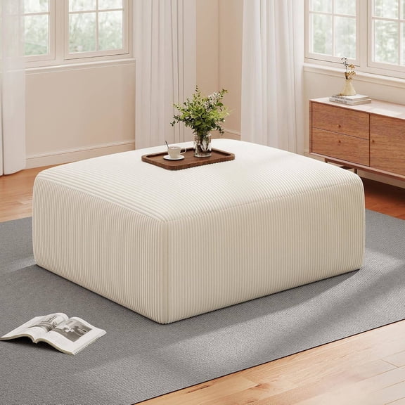 40" Oversized Square Corduroy Ottoman, Large Footstool or Pouf, Beige