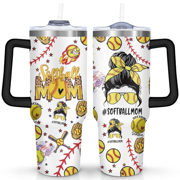 40 Oz Baseball Themed Tumbler for Mom with Handle and Straw, Double Wall Vacuum Reusable Stainless Steel Water Bottle Leak Proof Insulated Travel Mug Iced Coffee Cup for Birthday Mother Day Gift