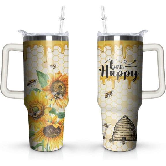 40 Oz Bee Happy Tumbler with Handle and Lid Straw, Yellow Sunflower Bee Stainless Steel Travel Cups Birthday Bee Lover Gifts for Women Men (1PC)