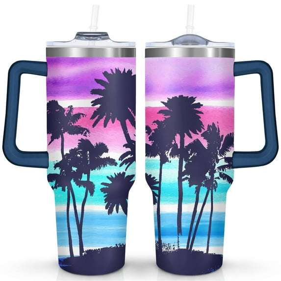 40 Oz Blue Painting Tumbler with Handle and Straw,Double Wall Vacuum Reusable Stainless Steel Water Bottle Leak Proof Insulated Travel Mug Iced Coffee Cup, for Iced or Cold Beverages