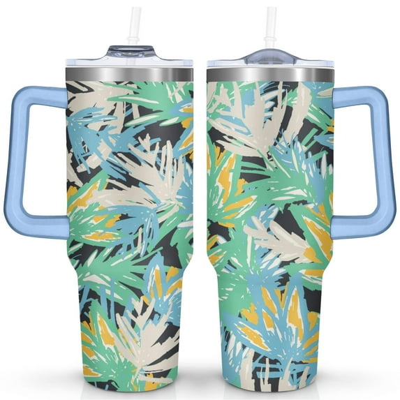40 Oz Blue Painting Tumbler with Handle and Straw,Double Wall Vacuum Reusable Stainless Steel Water Bottle Leak Proof Insulated Travel Mug Iced Coffee Cup, for Iced or Cold Beverages