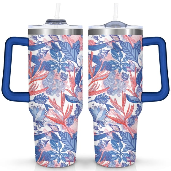 40 Oz Blue Trees Tumbler with Handle and Straw,Double Wall Vacuum Reusable Stainless Steel Water Bottle Leak Proof Insulated Travel Mug Iced Coffee Cup, for Iced or Cold Beverages