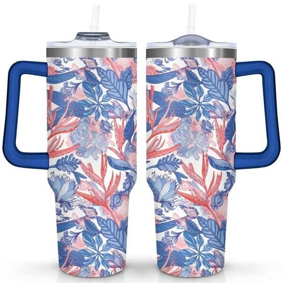 40 Oz Blue Trees Tumbler with Handle and Straw,Double Wall Vacuum Reusable Stainless Steel Water Bottle Leak Proof Insulated Travel Mug Iced Coffee Cup, for Iced or Cold Beverages