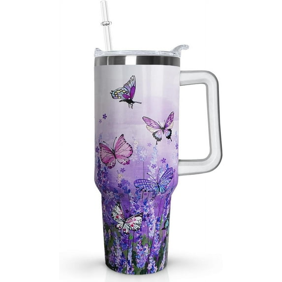 40 Oz Butterfly Tumbler with Handle Lid and Straw,Purple Butterfly Tumbler Water Bottle Travel Coffee Cup Mug,Butterfly Gifts for Women Mom Daughter Girlfriend Teenage Girls Bridesmaid