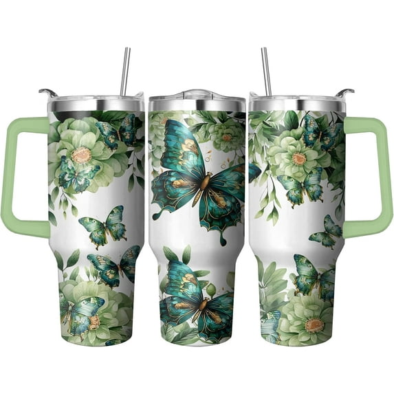 40 Oz Butterfly Tumbler with Handle and Straw, Double Wall Stainless Steel Cup, Butterfly Tumbler with Lid and Straw, 40 Oz Water Bottle and Mug for Women Gifts