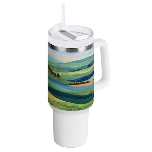 40 Oz Car Handle Water Bottle 10.8x3.85 Inch Handle And Straw Travel Water Bottle Reusable Stainless Steel Water Bottle Cartoon Green Hill