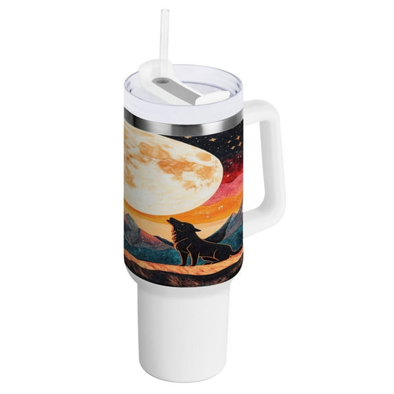 40 Oz Car Handle Water Bottle Water Cup Water Bottle Water Jug Coffee Cup Travel Water Bottle Black Wolf under The Moon