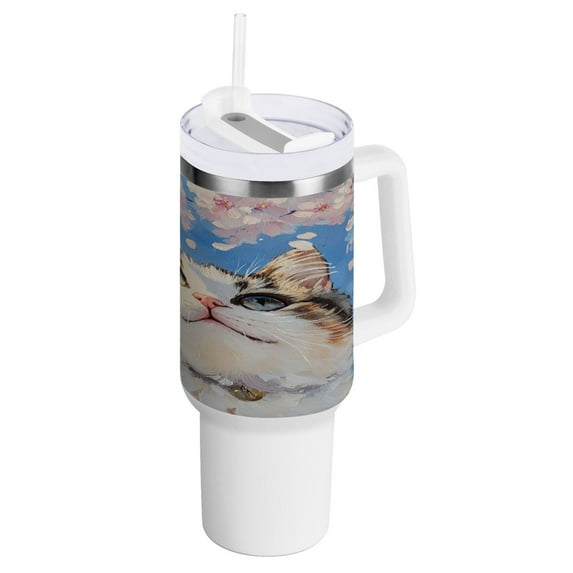 40 Oz Car Handle Water Bottle Water Cup Water Bottle Water Jug Coffee Cup Travel Water Bottle Cherry Blossom Cat