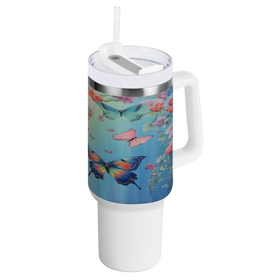 40 Oz Car Handle Water Bottle Water Cup Water Bottle Water Jug Coffee Cup Travel Water Bottle Pretty Light Blue Butterfly