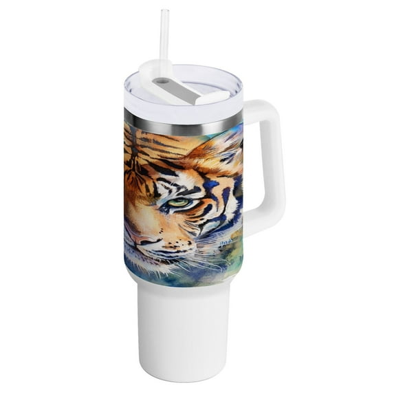 40 Oz Car Handle Water Bottle Water Cup Water Bottle Water Jug Coffee Cup Travel Water Bottle Watercolor Tiger