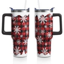 40 Oz Christmas Buffalo Plaid Tumbler with Handle & Straw - Insulated Stainless Steel Travel Mug, White Snowflake Design - Holiday Gifts for Men & Women