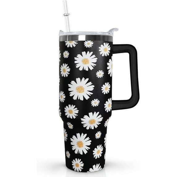 40 Oz Daisy Tumbler With Handle,Daisy Coffee Travel Mug Cup Water Bottle,Daisy Decor,Daisy Gifts for Women