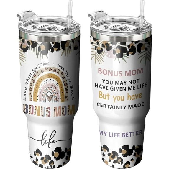 40 Oz Double Wall Best Bonus Mom Tumbler with Handle and Straw, Bonus Mom Gifts Water Bottle, Insulated Coffee Bonus Mom Travel Mug Leak Proof, Stainless Steel Bonus Mom Cup Gifts for Bonus Mom