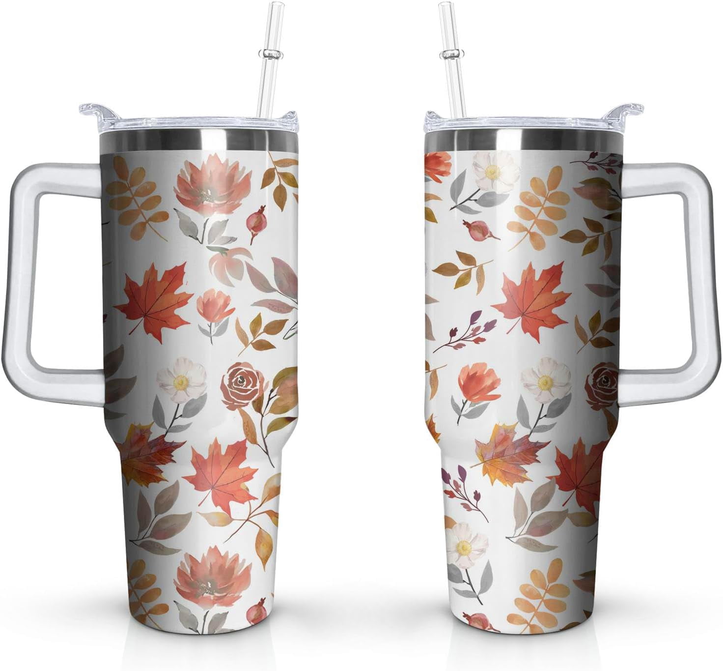 40 Oz Fall Tumbler with Handle and Straw Lid, Fall Cup Stainless Steel Fall Coffee Mug Keeps Drinks Cold & Hot, Autumn Mugs Fall Themed Thanksgiving Gifts For Women
