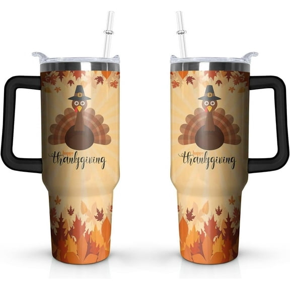 40 Oz Fall Tumbler with Handle and Straw Lid, Keeps Drinks Cold & Hot, Autumn Themed Thanksgiving Gifts