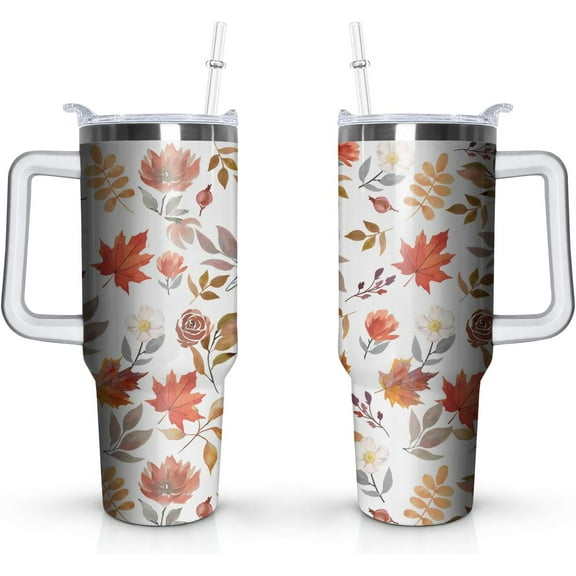 40 Oz Fall Tumbler with Handle and Straw Lid, Keeps Drinks Cold & Hot, Autumn Themed Thanksgiving Gifts