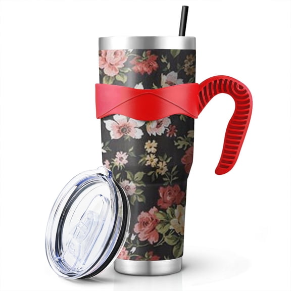 40 Oz Floral Collection Tumbler with Handle and Silicone Straws,Pioneer Double Wall Vacuum Insulated Stainless Steel Travel Mug Leak-Proof Coffee Cup on Screw Lid and Straw Red