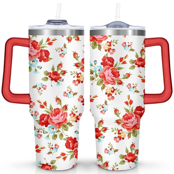 40 Oz Flowers Tumbler with Handle and Straw,Double Wall Vacuum Reusable Stainless Steel Water Bottle Leak Proof Insulated Travel Mug Iced Coffee Cup, for Iced or Cold Beverages