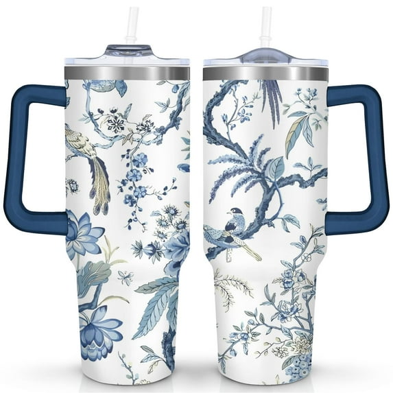 40 Oz Flowers Tumbler with Handle and Straw,Double Wall Vacuum Reusable Stainless Steel Water Bottle Leak Proof Insulated Travel Mug Iced Coffee Cup, for Iced or Cold Beverages