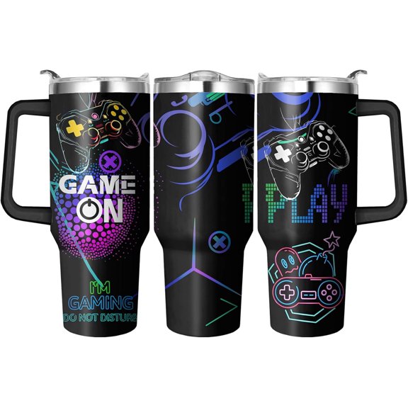 40 Oz Gamer Tumbler with Handle and Straw, Double Wall Coffee Travel Gaming Mug Leak Proof, Stainless Steel Gamer Cup with Handle and Straw, Reusable Insulated Water Bottle 40 Oz Gifts for Boyfriend