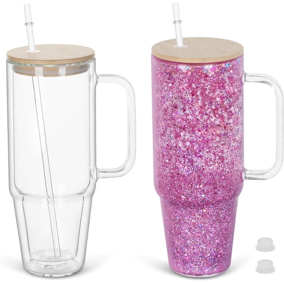 40 Oz Globe Glass Cup With Handle, 2 Pre-Drilled Double Wall Glass Coffee Mug For Globe Diy Glitter