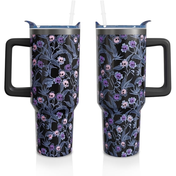 40 Oz Gothic Tumbler with Handle and Straw, Goth Skull Stainless Steel Double Walled Vacuum Insulated Cup, Halloween Holiday Gifts for Women Men