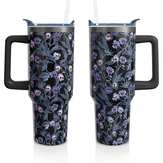40 Oz Gothic Tumbler with Handle and Straw, Goth Skull Stainless Steel Double Walled Vacuum Insulated Cup, Halloween Holiday Gifts for Women Men