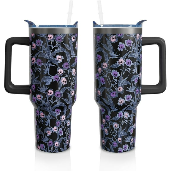 40 Oz Gothic Tumbler with Handle and Straw, Goth Skull Stainless Steel Double Walled Vacuum Insulated Cup, Halloween Holiday Gifts for Women Men