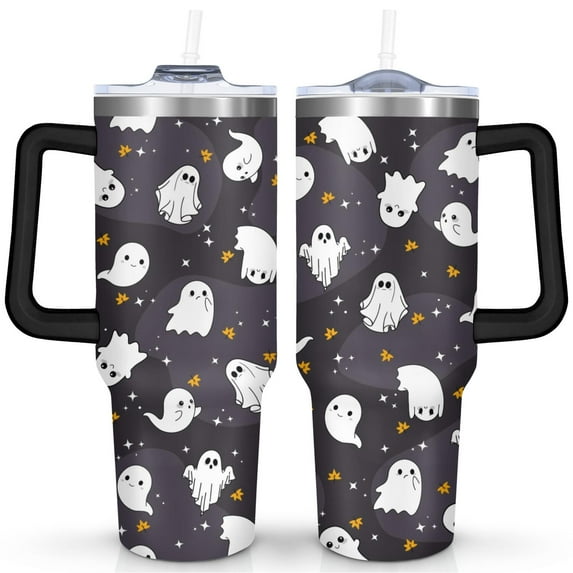 40 Oz Halloween Ghost Tumbler with Handle and Straw, Double Wall Vacuum Reusable Stainless Steel Water Bottle Leak Proof Insulated Travel Mug Scary Iced Coffee Cup, for Iced or Cold Beverages