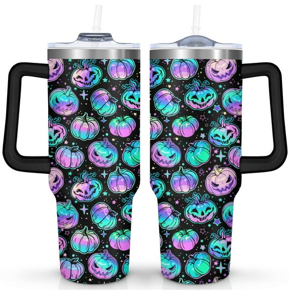 40 Oz Halloween Rainbow Pumpkin Tumbler with Handle and Straw, Double Wall Vacuum Reusable Stainless Steel Water Bottle Leak Proof Insulated Travel Mug Scary Iced Coffee Cup, Gift for Friends