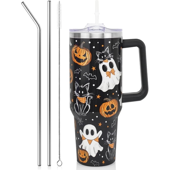 40 Oz Halloween Tumbler with Handle and Straw, Skull Bat Insulated Stainless Steel Cup Tumbler Water Bottle Drinking Cup, Bat Halloween Gifts for Women, Adults, Teenagers