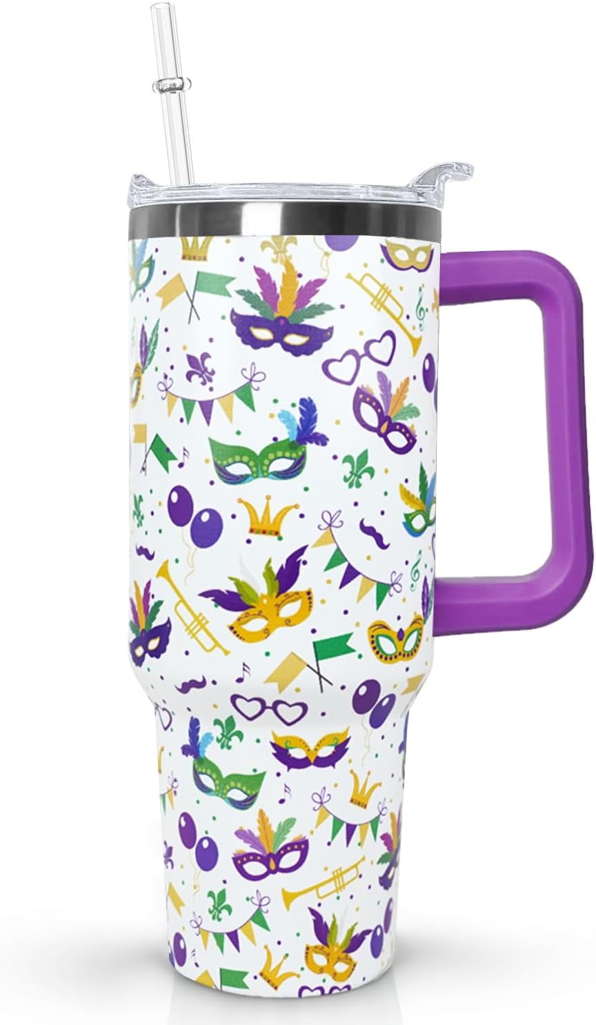 40 Oz Mardi Gras Tumbler with Lid and Straw,40 Oz Mardi Gras Coffee Mugs Water Bottles Wine Drinking GlassesTumbler with Straws,Margi Gras Decor,Margi Gras Gifts for Women