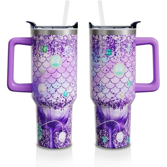 40 Oz Mermaid Tumbler with Handle and Lid Straw, Lavender Fish Scale Stainless Steel Travel Cups Birthday Mermaid Lover Gifts for Women Girls (1PC)