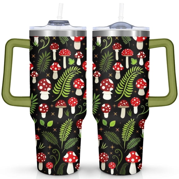 40 Oz Mushroom Forest Tumbler with Handle and Straw,Double Wall Vacuum Reusable Stainless Steel Water Bottle Leak Proof Insulated Travel Mug Iced Coffee Cup, for Iced or Cold Beverages