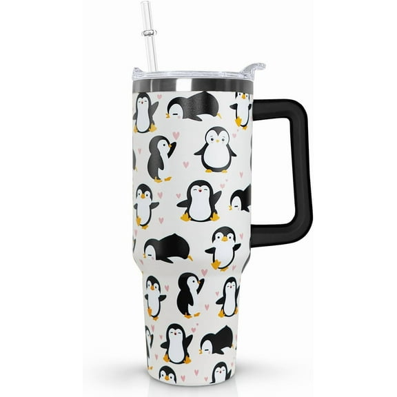 40 Oz Penguin Tumbler With Handle,Penguin Coffee Travel Mug Cup Water Bottle,Penguin Decor, Penguin Gifts for Women